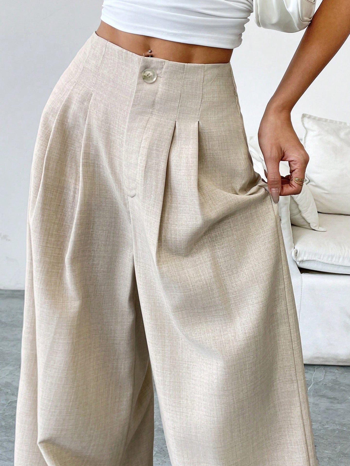Bella Mia Apricot Elegant Autumn Winter Straight Drooping Women Work Pant Loose Design Slimming Light Luxury Casual Pants — detail and construction