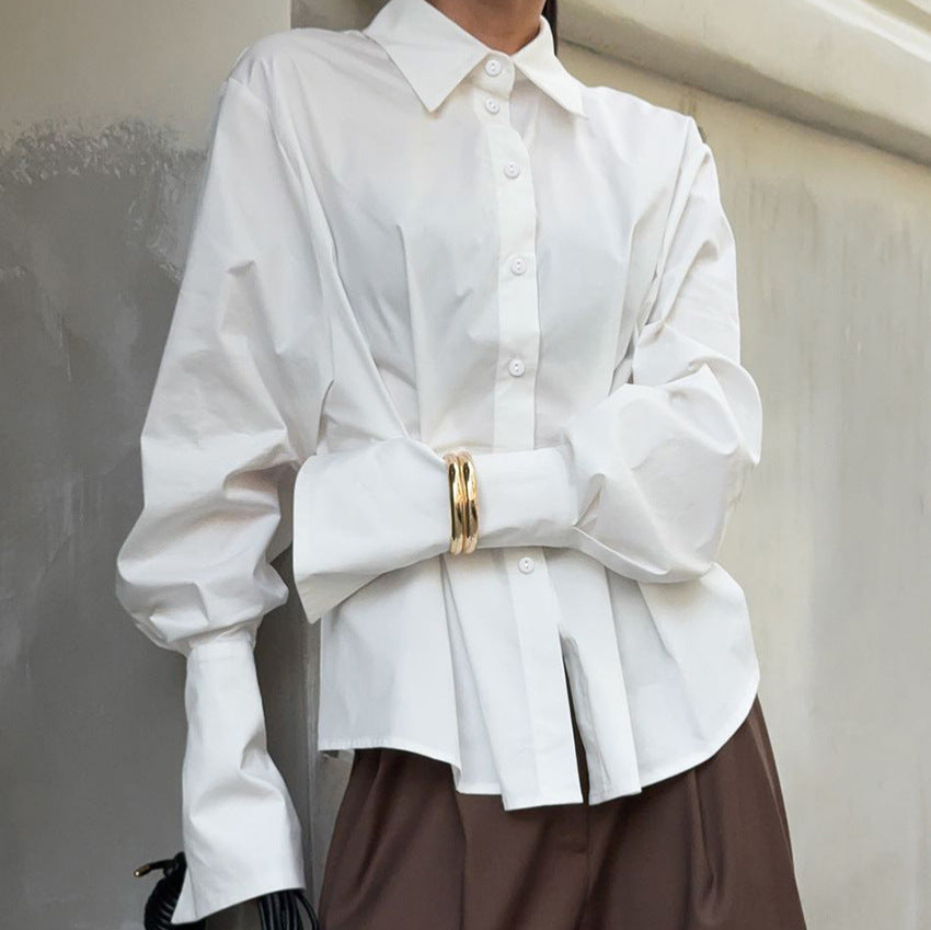 Bella Mia Court White Cotton Shirt Women Light Luxury Pleat Waisted Slim-Fit Long-Sleeved Collared Shirt — packaging or label