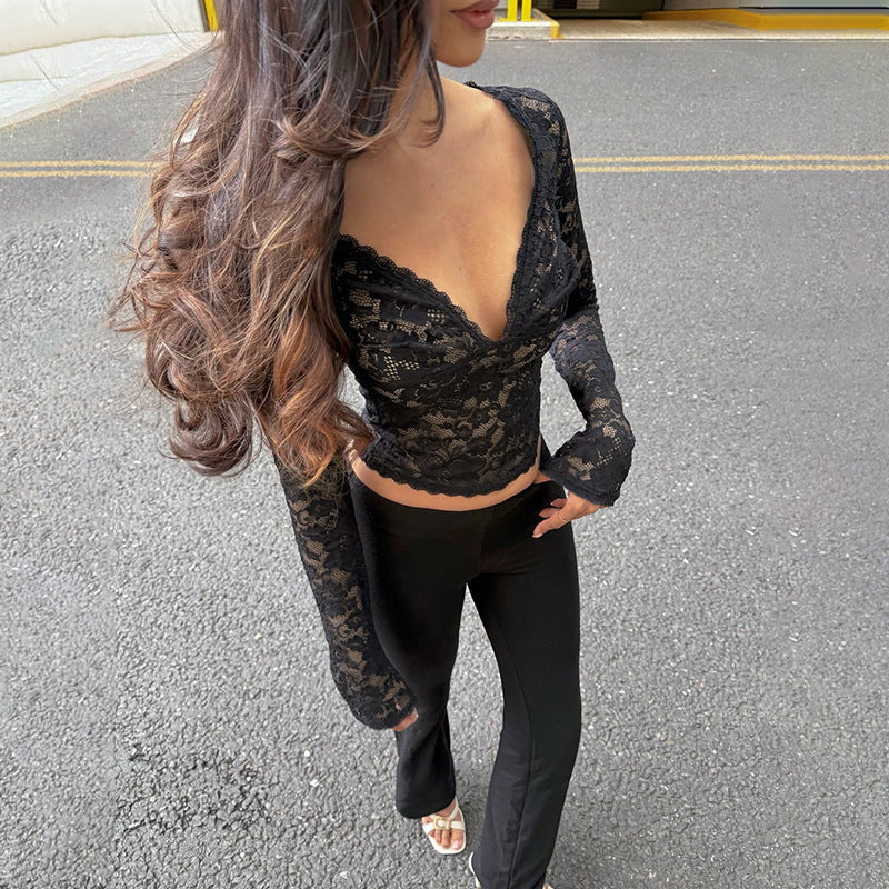Bella Mia Autumn Sexy Hollow Out Cutout out V neck Lace See through Bottoming Top — detail and construction