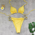 Bella Mia Solid Color Hollow Out Cutout out Strap Sexy Backless Split Swimsuit Women Triangle Bikini — detail and construction
