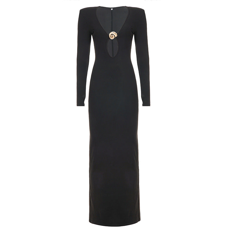 Bella Mia French Sexy Hepburn Niche V neck Metal Buckle Decorative Sexy Slimming Sheath Dress Maxi Dress — alternate view