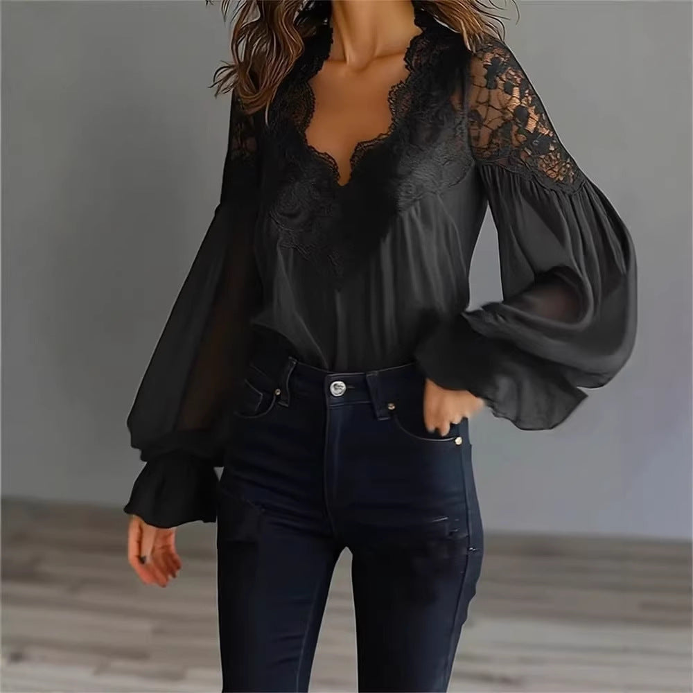 Bella Mia Women Lace Stitching Puff Sleeve Pleated Shirt — branding close-up