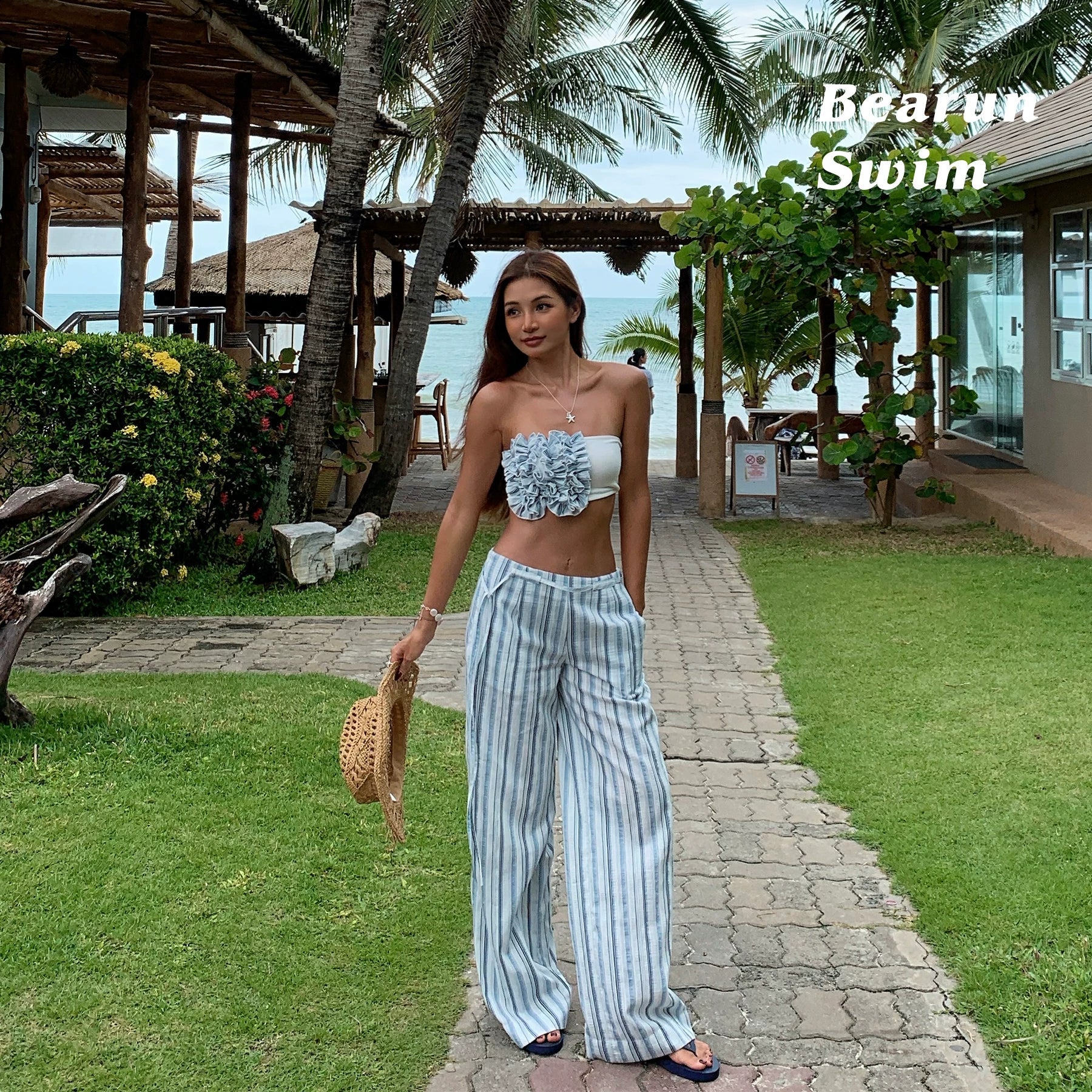Women's Stripe High Waist Short Set Vest Tube Top Trousers