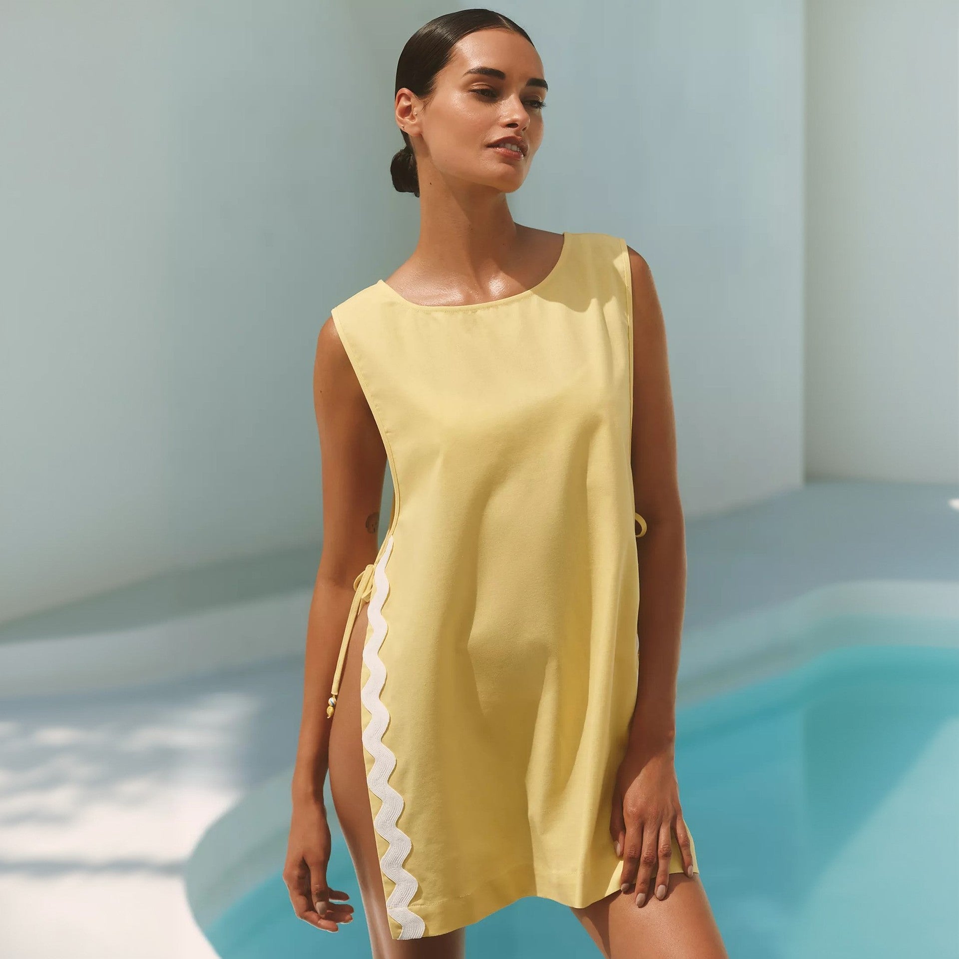 Bella Mia Solid Color Sexy Slit Sleeveless Beach Cover up Bikini Swimsuit Beach Shirt Women Short — lifestyle context