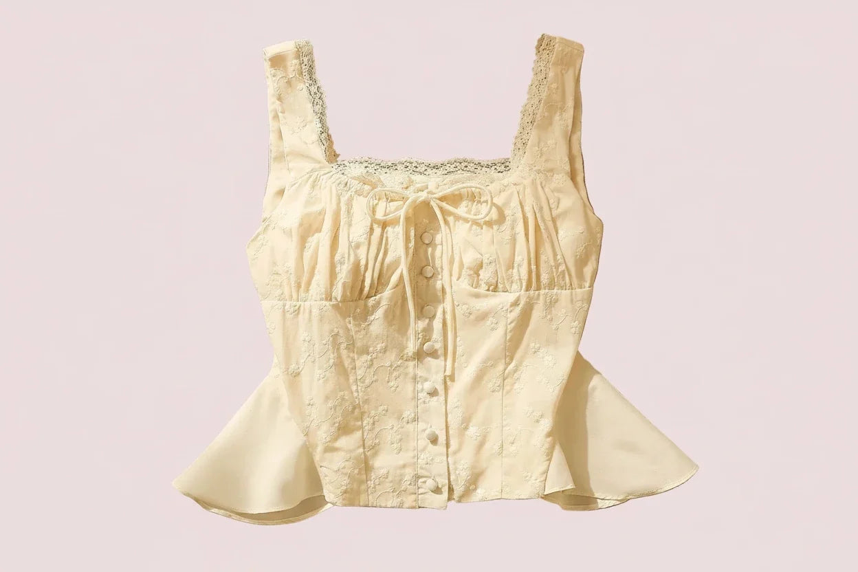 White Lace Camisole Top Summer Tie-Back Waist-Cinching Short for Women