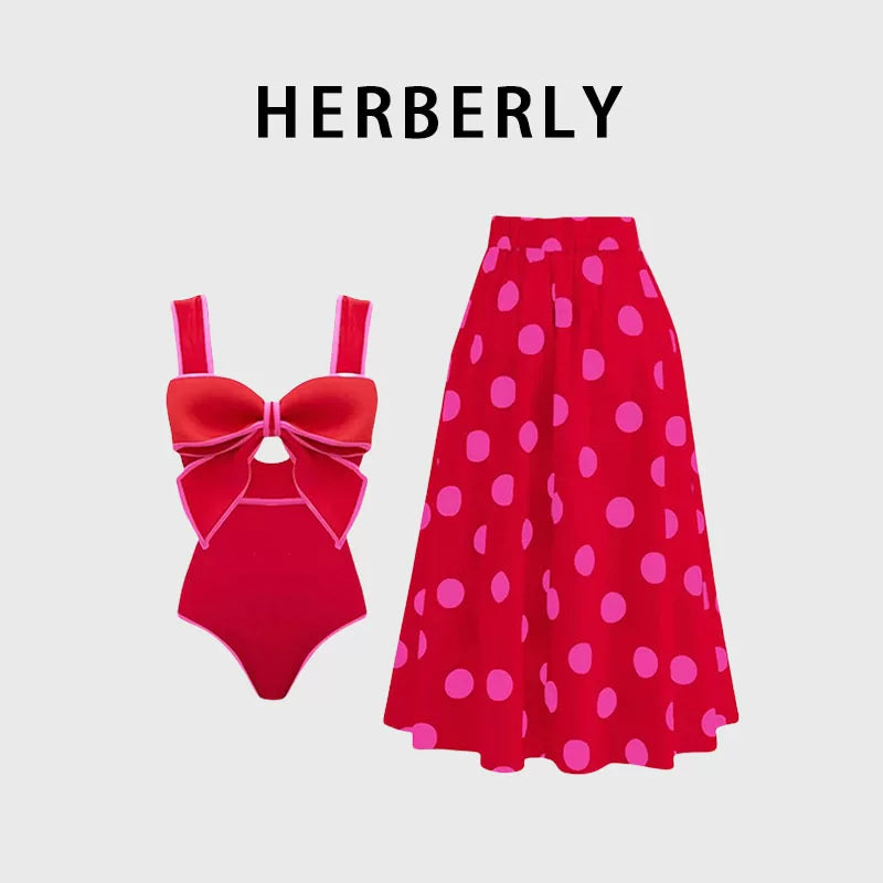 HERBERRY Women's Bikini Set Ruched One Piece Swimsuit Skirted