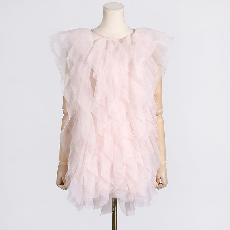 Irregular Asymmetric Ruffled Stitching See through Organza Sleeveless Sexy Dress Women