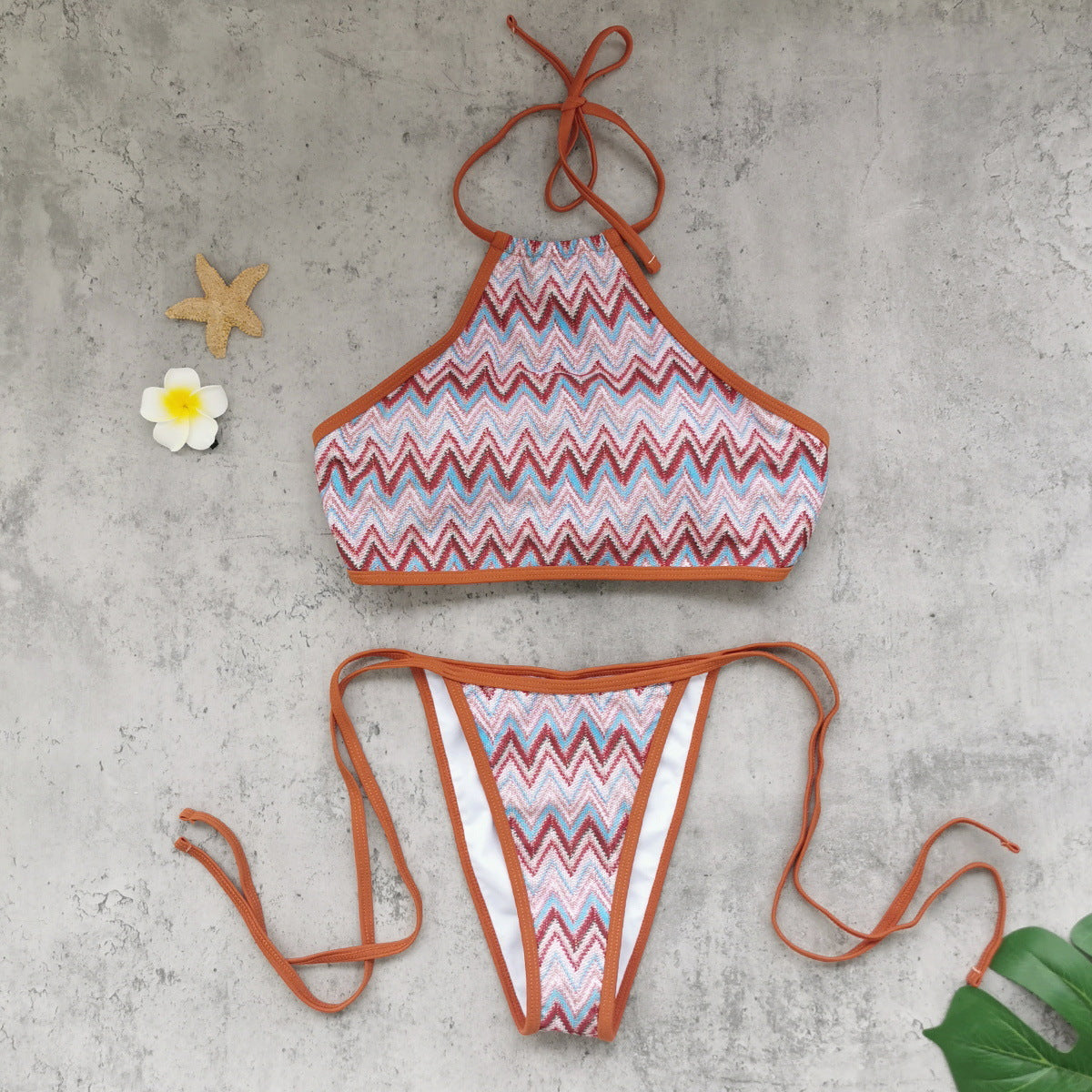Bella Mia Halter Strap Sexy Backless Low Waist Tube Top Bikini Striped Printed Split Swimsuit Bikini — detail and construction
