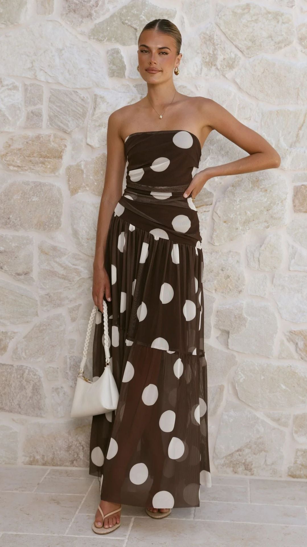 Goods Summer Polka Dot Print Wrapped Chest off Shoulder Mesh Maxi Dress — view 2