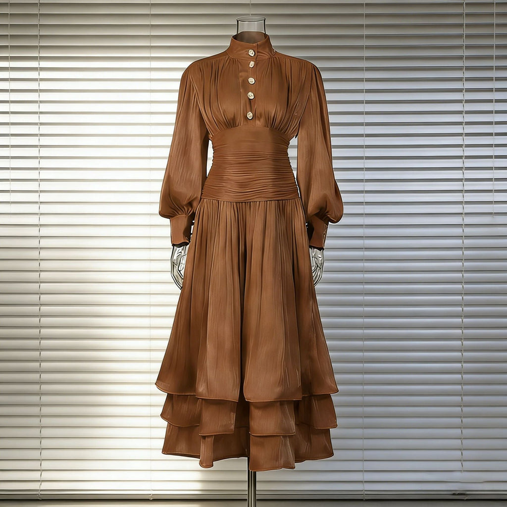 Spring Elegant Retro Lantern Sleeve Breasted Ruffled Maxi Dress Waist Slimming Dress