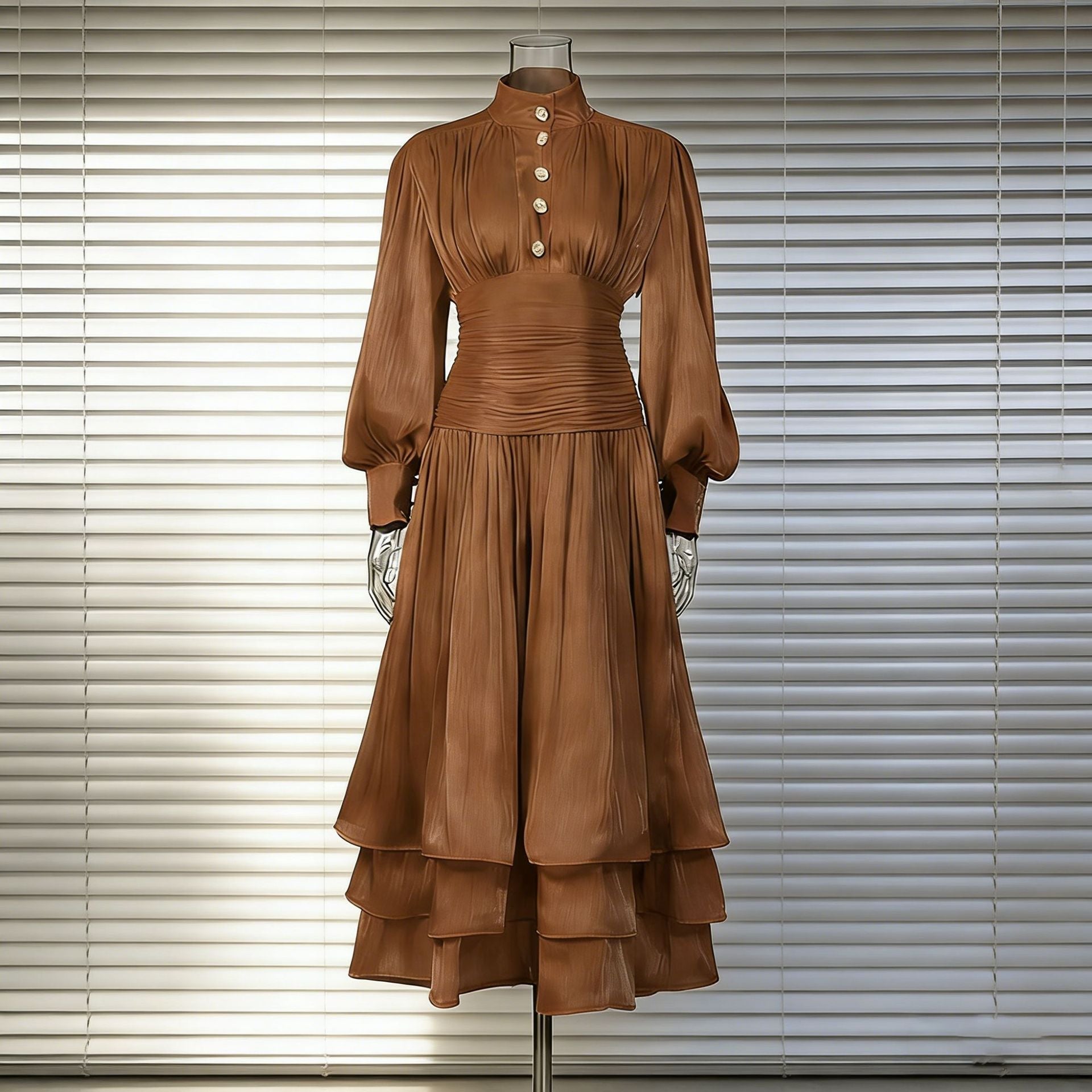 Spring Elegant Retro Lantern Sleeve Breasted Ruffled Maxi Dress Waist Slimming Dress