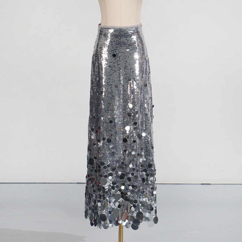 Sequined Dress Spring High Grade All-Match Waist Slimming Solid Skirt