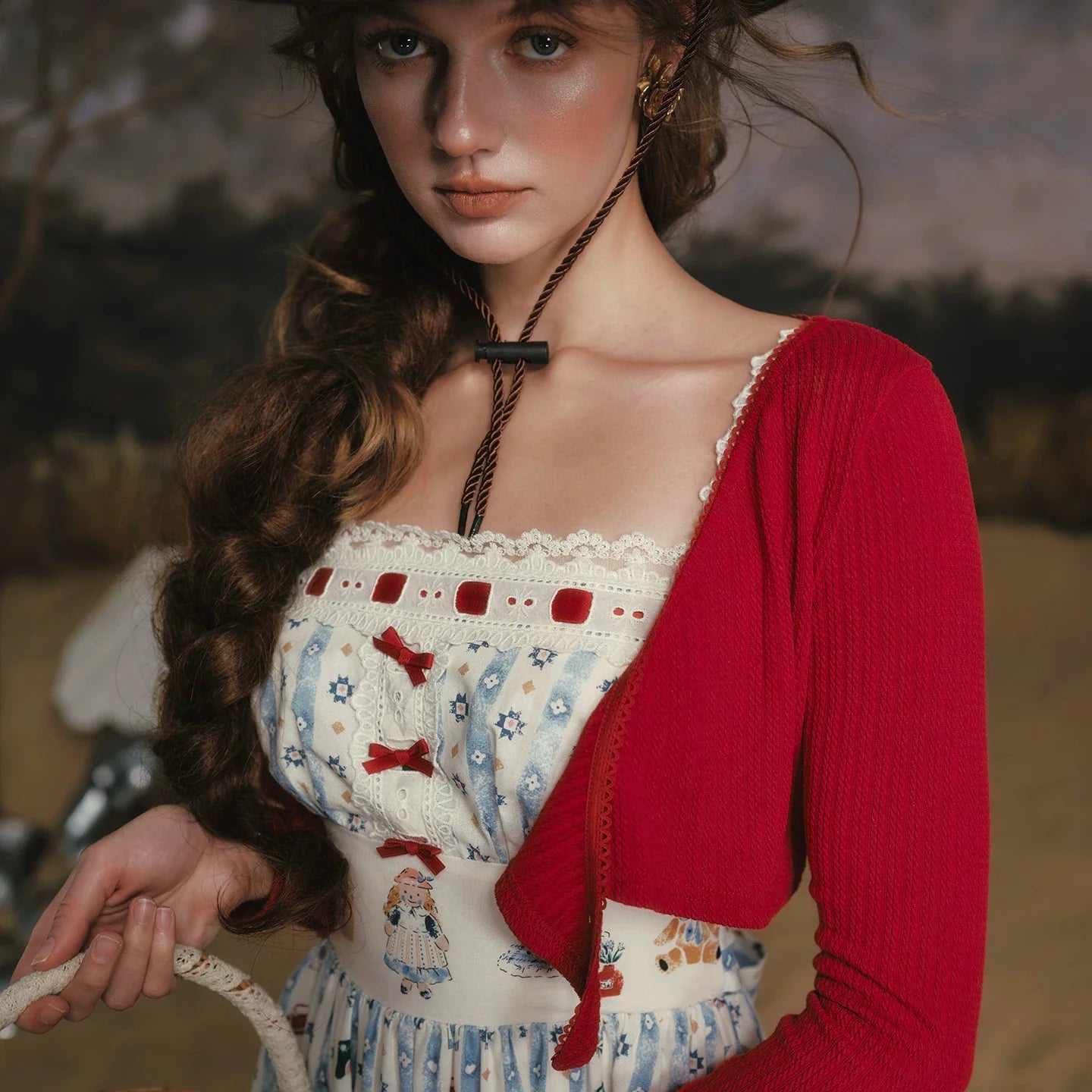 Bear Kitchen French Pastoral Sweet Print Striped Suspender Long Dress Blue Women