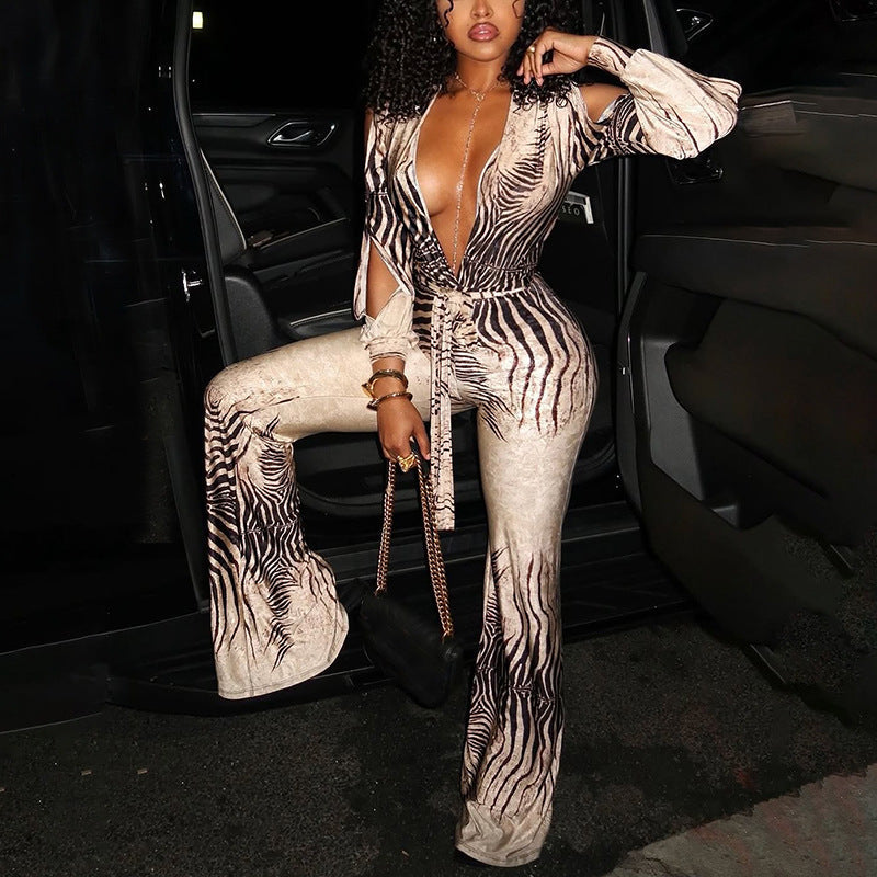 Bella Mia Sexy Deep V Plunge off-Shoulder Top High Waist Bootcut Pants Jumpsuit — main product shot
