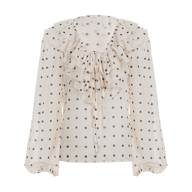 Bella Mia Ruffled V Collar Polka Dot Chiffon Top Girlish Cute Youth Looking Bow Lace up Long Sleeve Shirt Autumn — detail and construction
