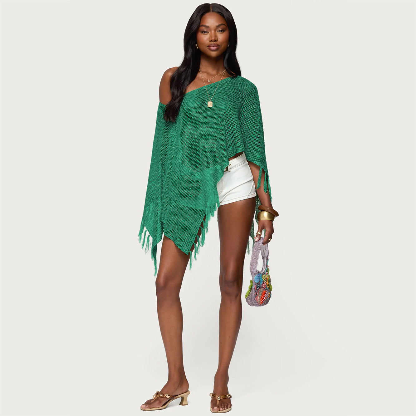 Bella Mia Summer Sexy Hollow Out Cutout out Sexy Diagonal Collar Inverness Irregular Asymmetric Design Knitted Blouse — branding close-up