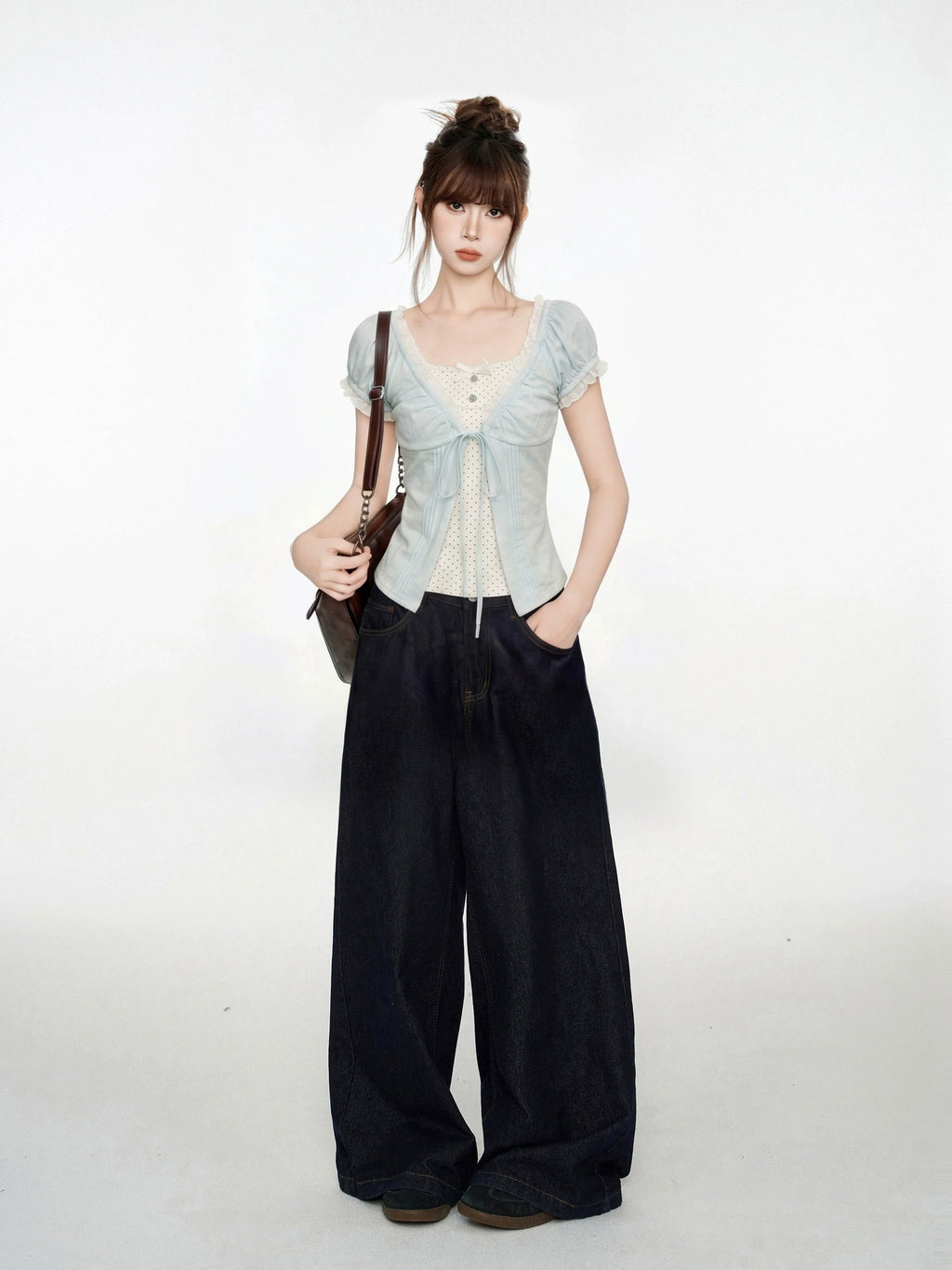 Blue V-Neck Lace Short Sleeve Blouse And Vest Two-Piece Set