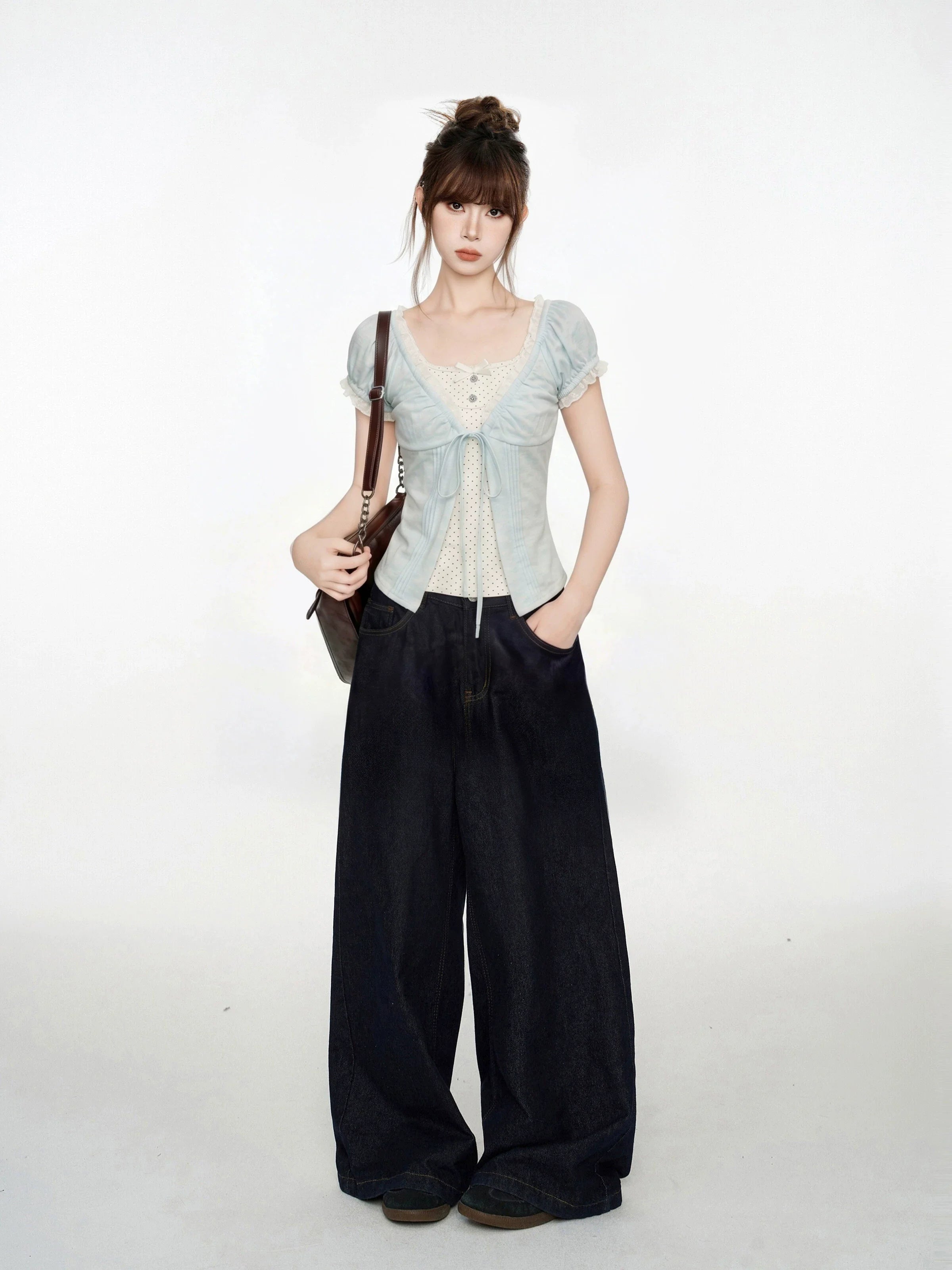 Blue V-Neck Lace Short Sleeve Blouse And Vest Two-Piece Set