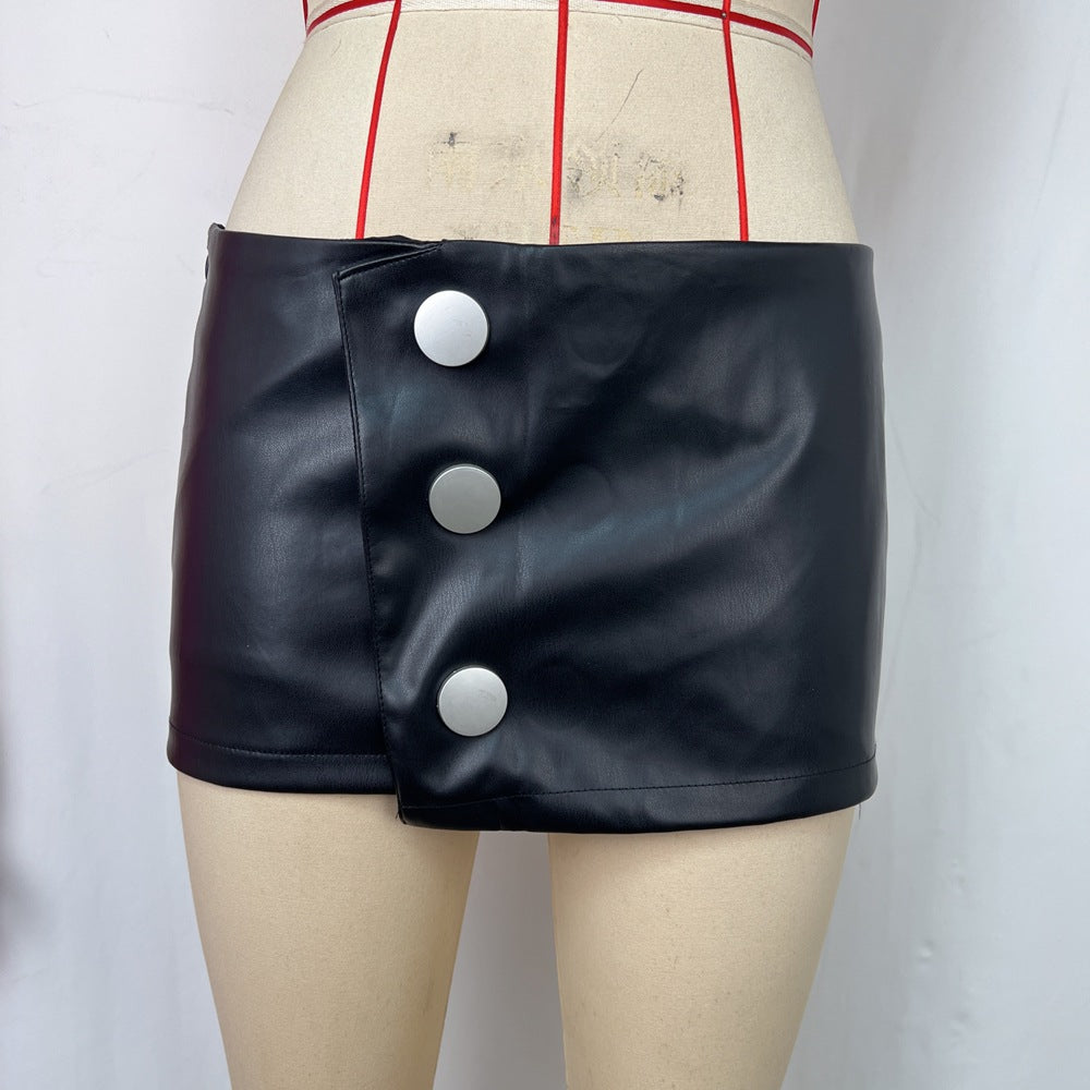 Bella Mia Sexy Cool Hip Skirt Large Button Design Irregular Asymmetric Stitching Design Faux Leather Short Skirt — detail and construction