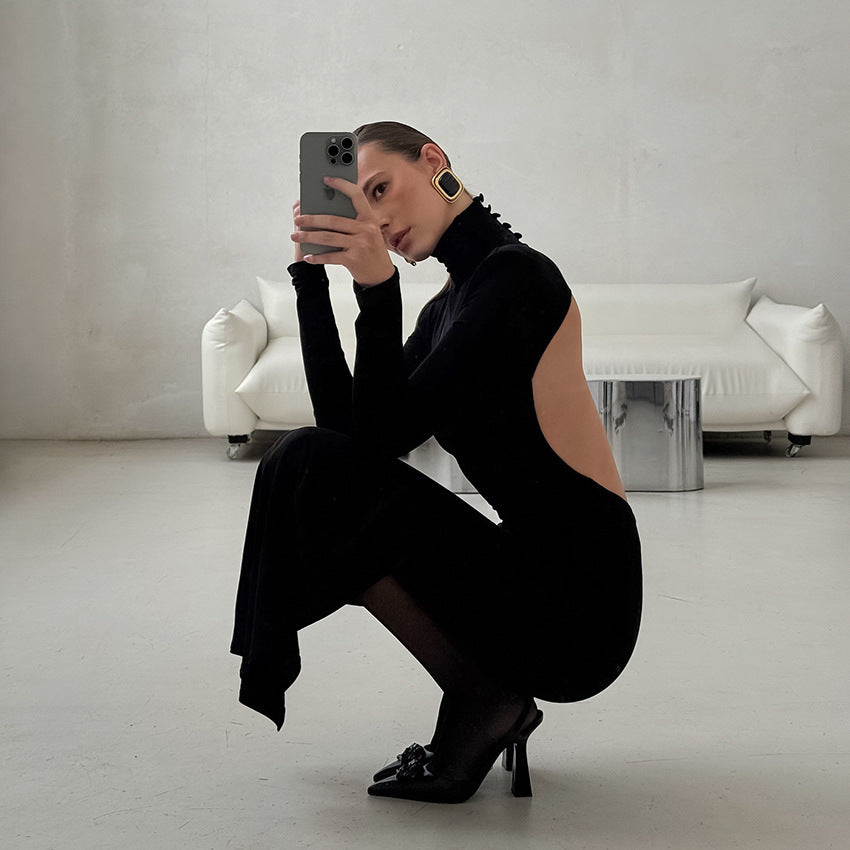 Bella Mia Spring Elegant Black Sexy Backless Knitted Slim Fit Long Sleeved Turtleneck Dress for Women — detail and construction