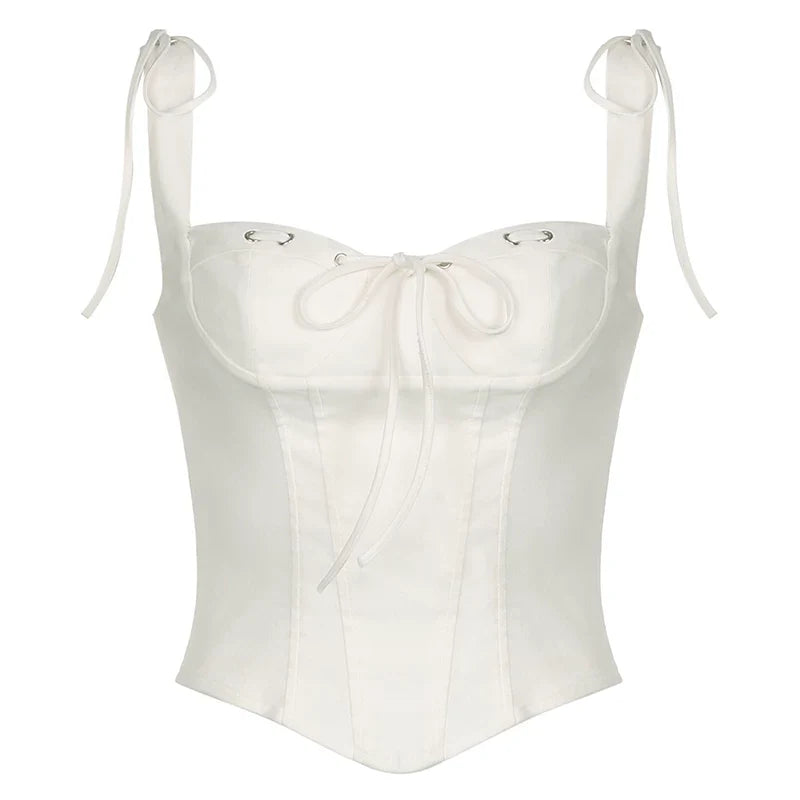 Women's White Tie-Detail Split Waist Camisole Top Low-Cut Slim