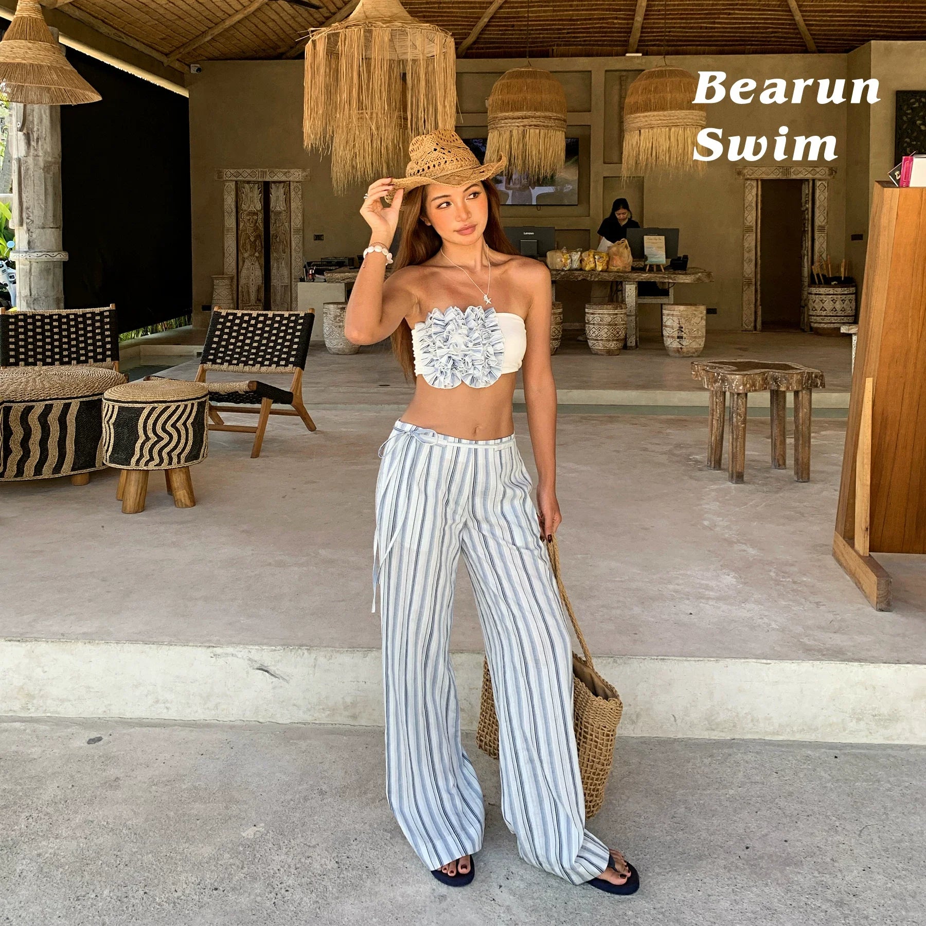 Women's Stripe High Waist Short Set Vest Tube Top Trousers