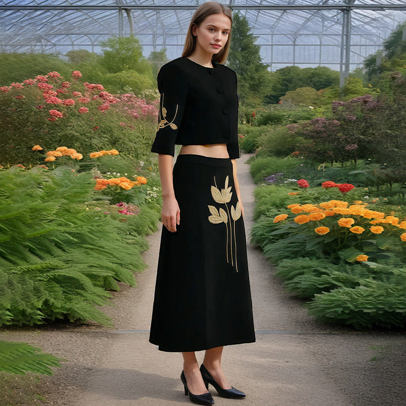 Spring Dignified Floral Machine Embroidery Top High Waist Floral Skirt Two Piece Sets Women