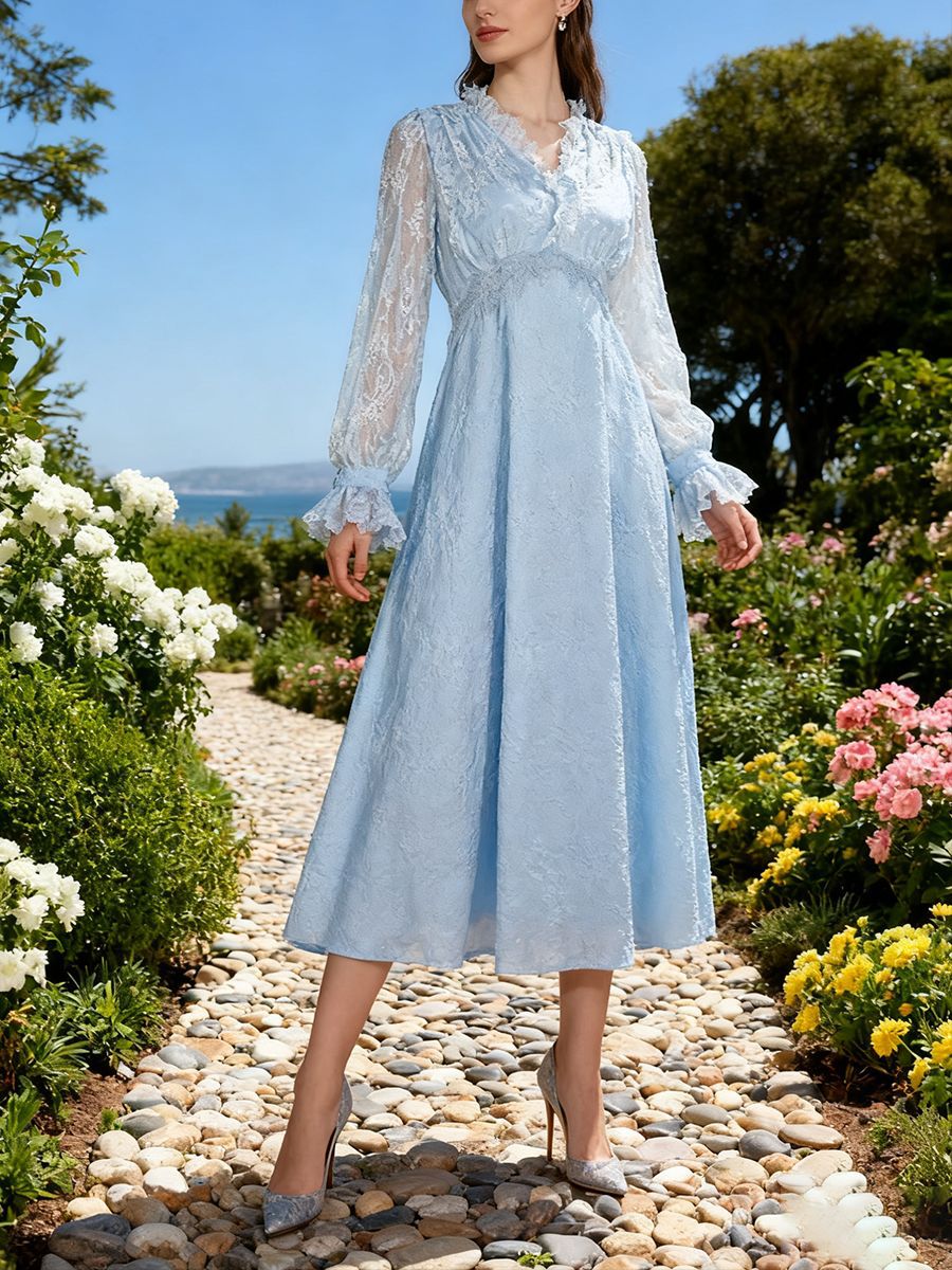 Lace Long Sleeve Elegant Dress Autumn High Sense V neck Waist Controlled Slimming Dress Women