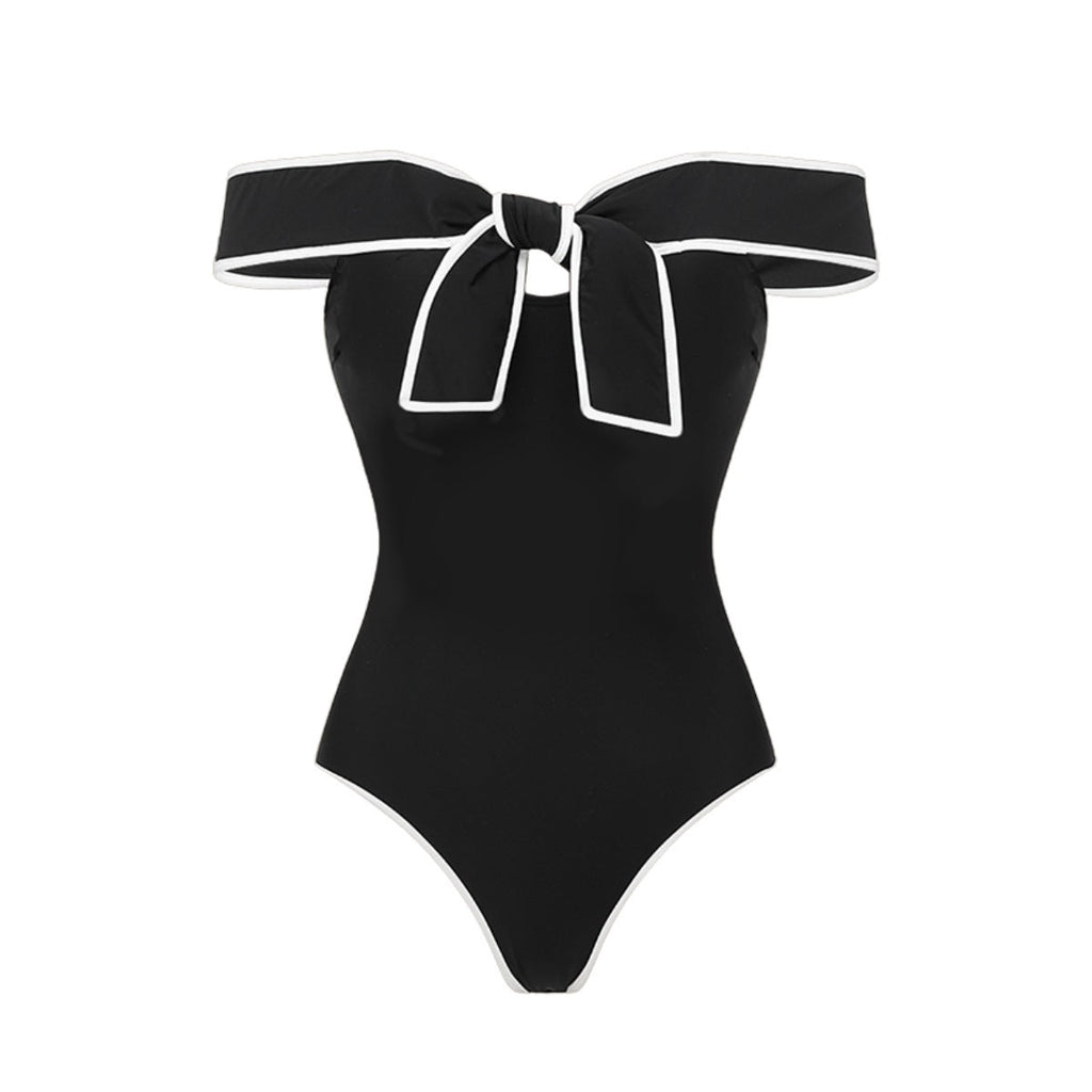 Bella Mia Swimsuit Black White Color Matching Sweet Girl Bow Swimsuit Women White Skirt — texture detail
