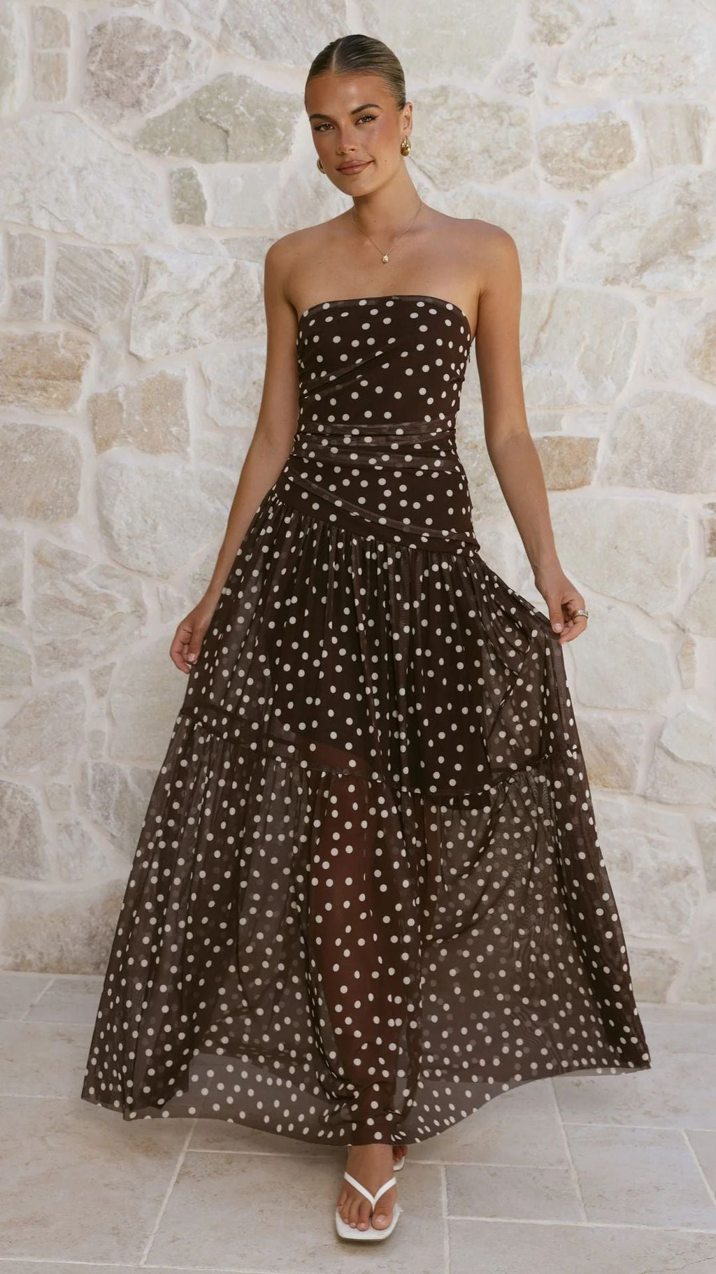 Goods Summer Polka Dot Print Wrapped Chest off Shoulder Mesh Maxi Dress — view 3