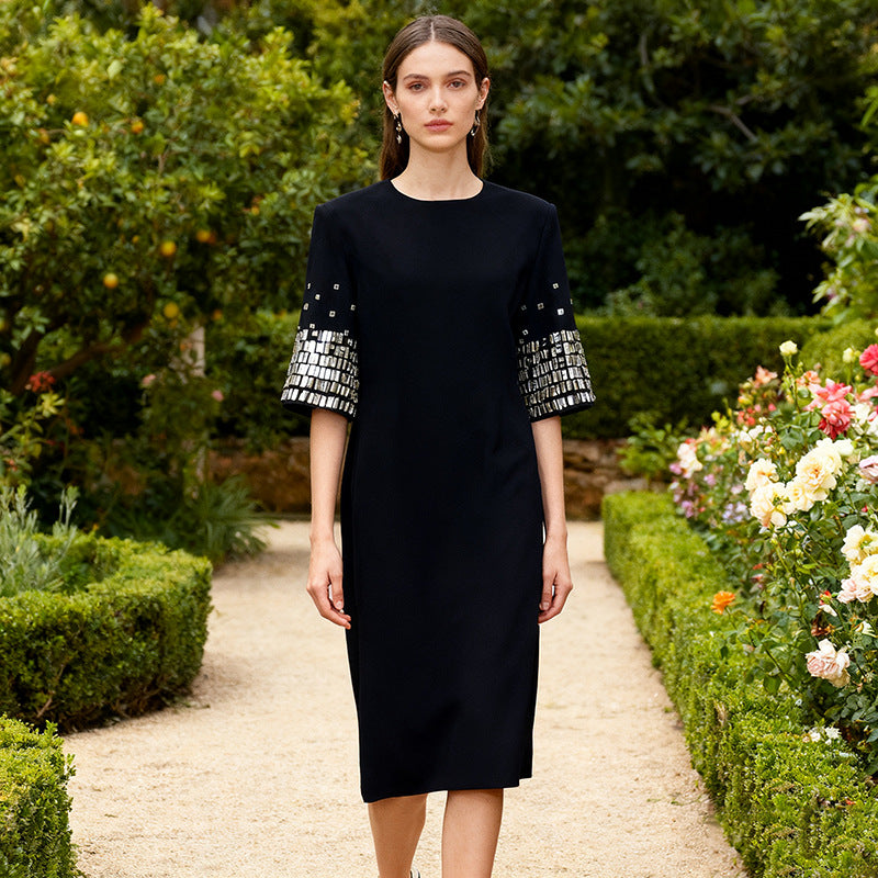 Crew Neck Sequined Short Sleeved Dress Spring High Grade Waist Slimming Beautiful Dress Women