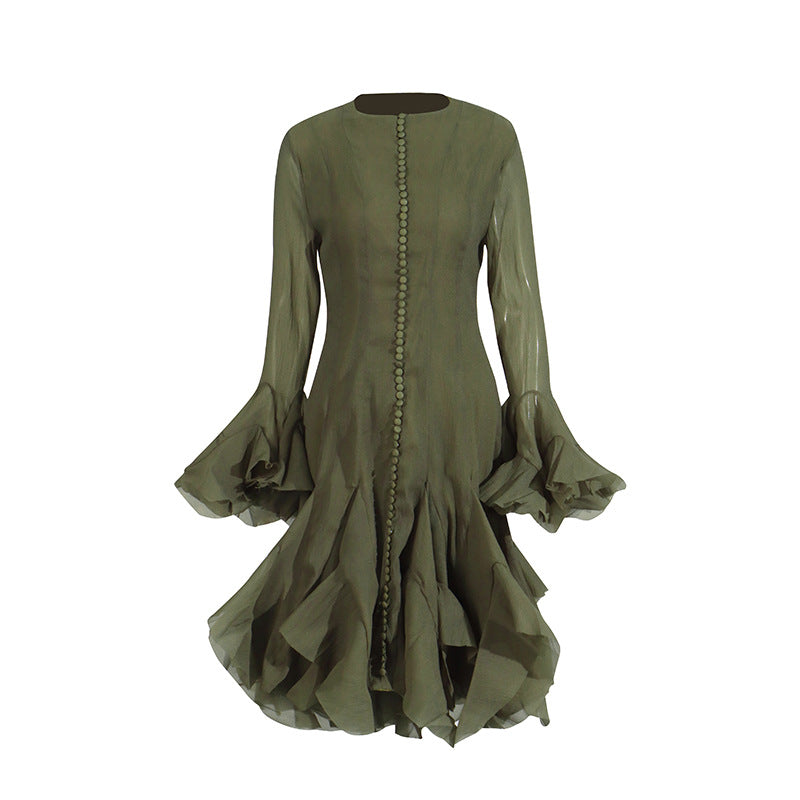 Bella Mia Spring Ruffles Design Waist Tight Slimming Flared Sleeves Dress Women — alternate view