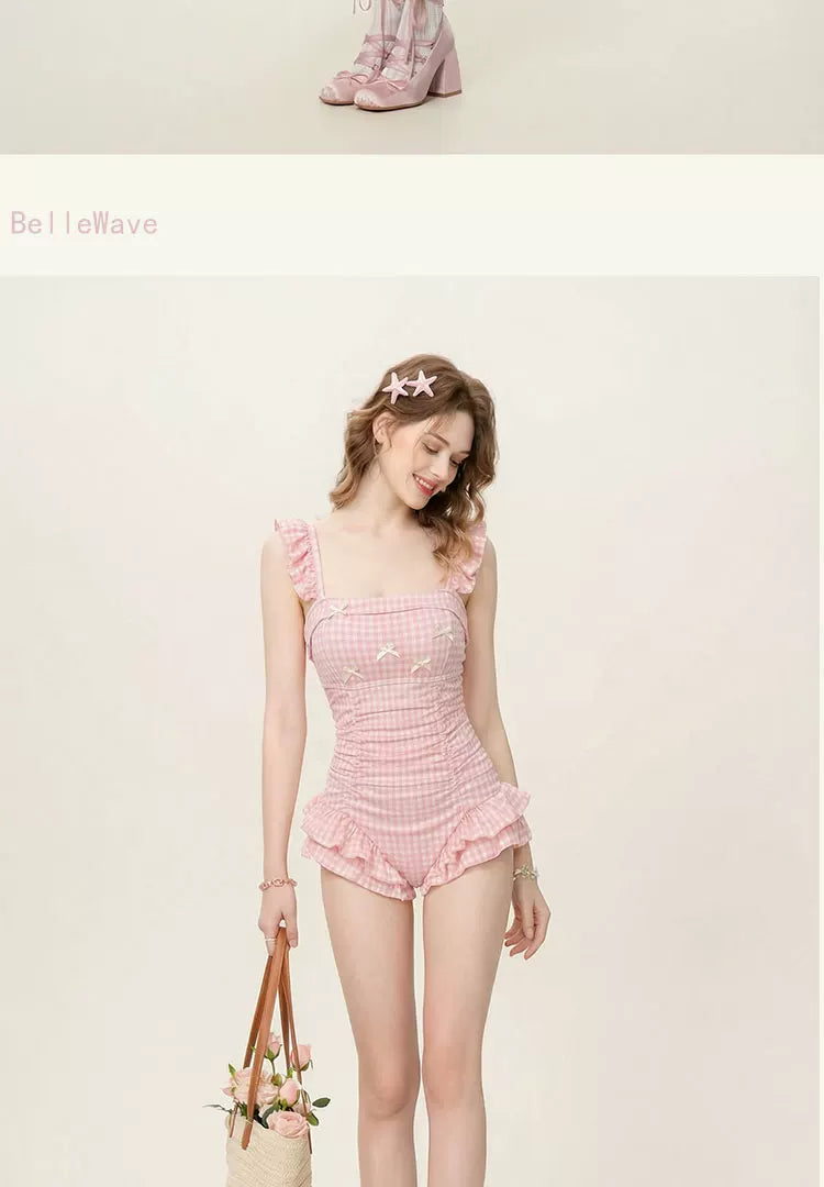 Women's Ruffled One-Piece Swimsuit Plaid Pink