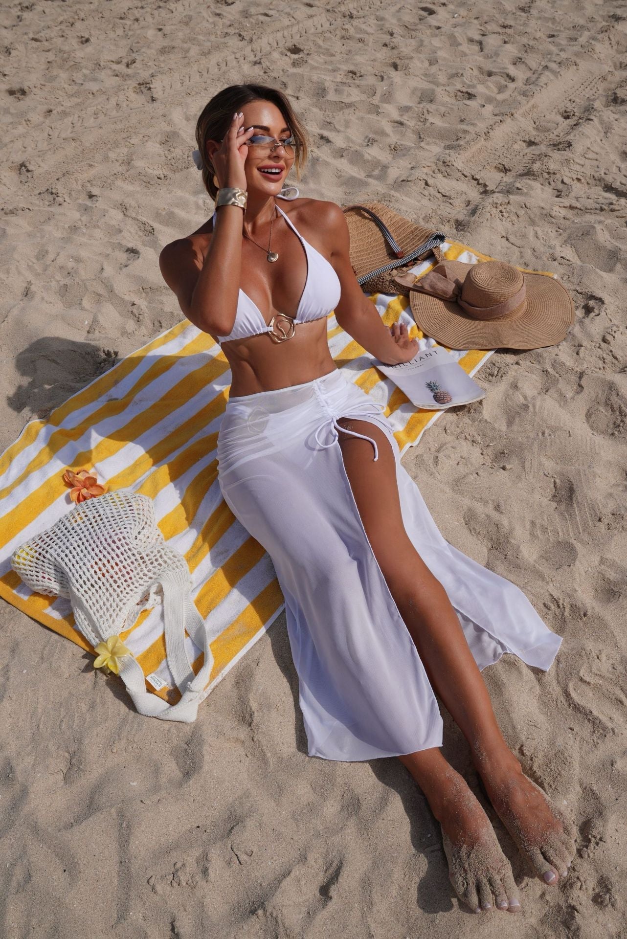 Bella Mia Solid Color Beach Sun Protection Tulle Skirt Sexy Three Piece Set Bikini Split Swimsuit — packaging or label