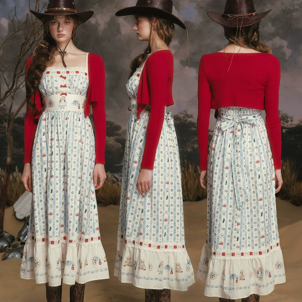 Bear Kitchen French Pastoral Sweet Print Striped Suspender Long Dress Blue Women