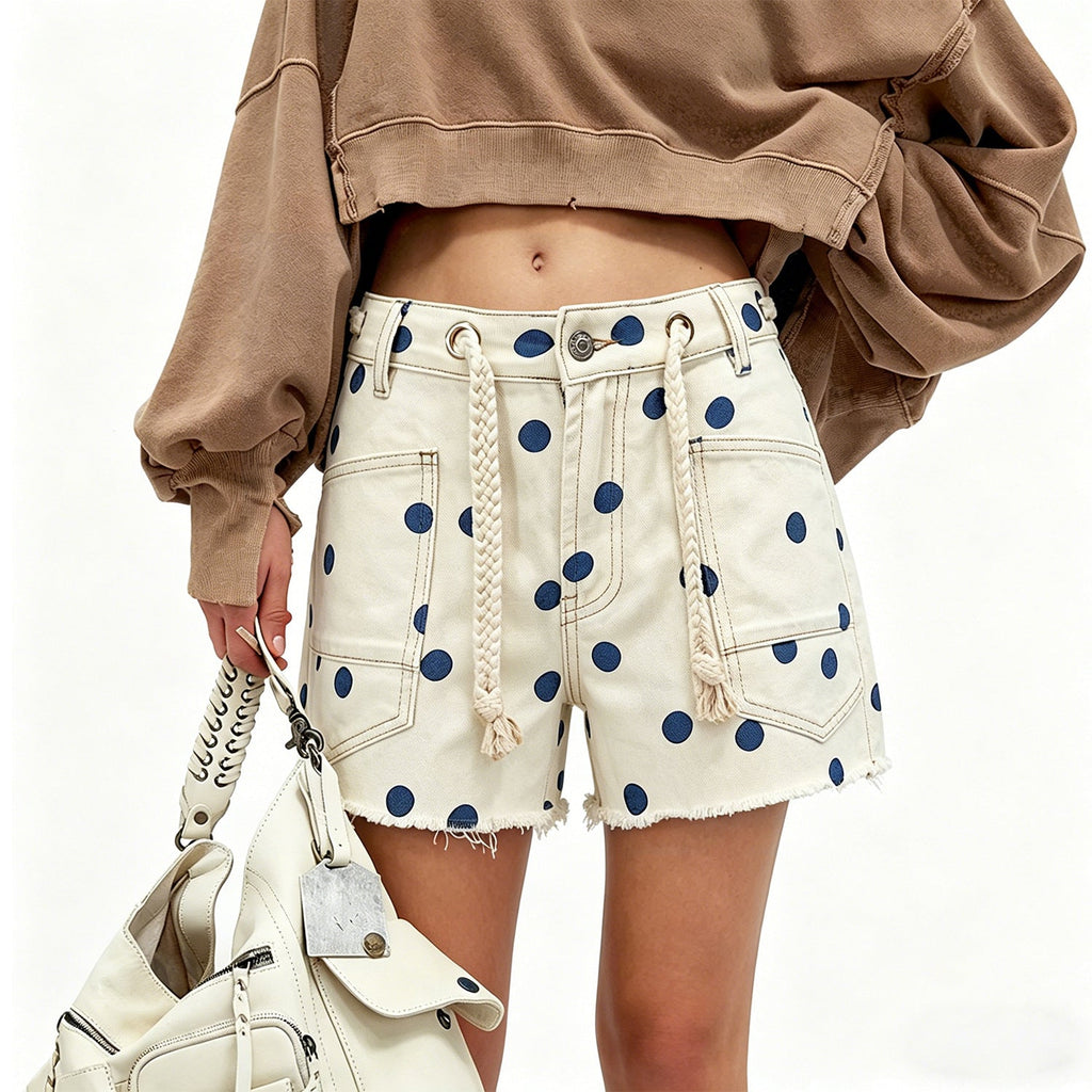 Women's High-Waist Denim Shorts Drawstring Polka Dot Rivet