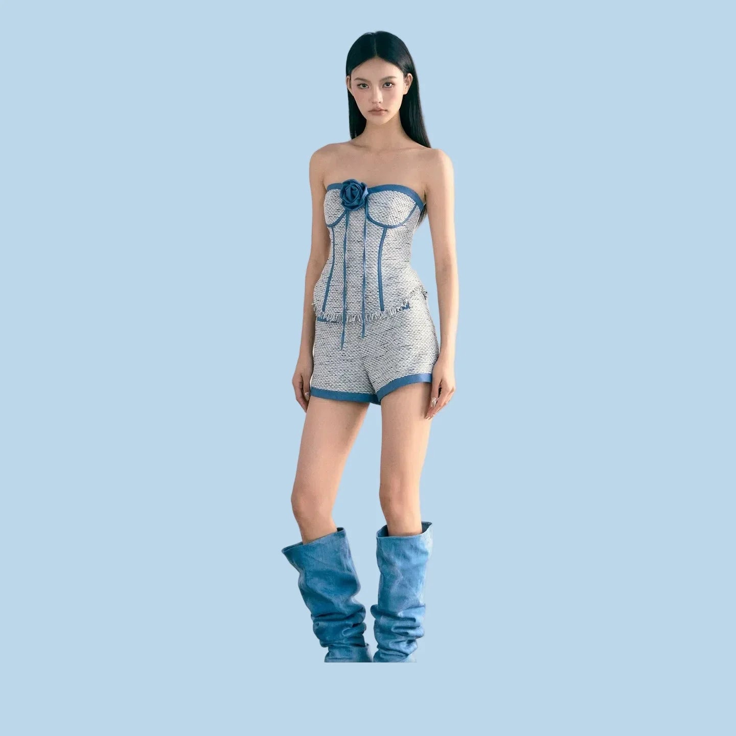 AGAM Denim Tube Top and Shorts Set Chanel Style