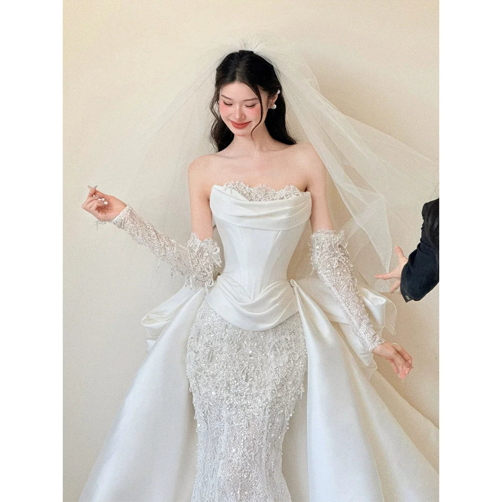 Lace Mermaid Wedding Dress Tube Top French Style White