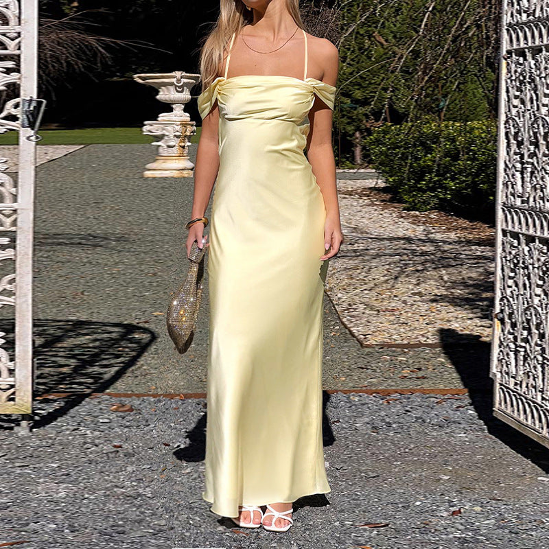 Bella Mia Strap Satin off Shoulder Evening Dress Backless Sexy Dress — branding close-up