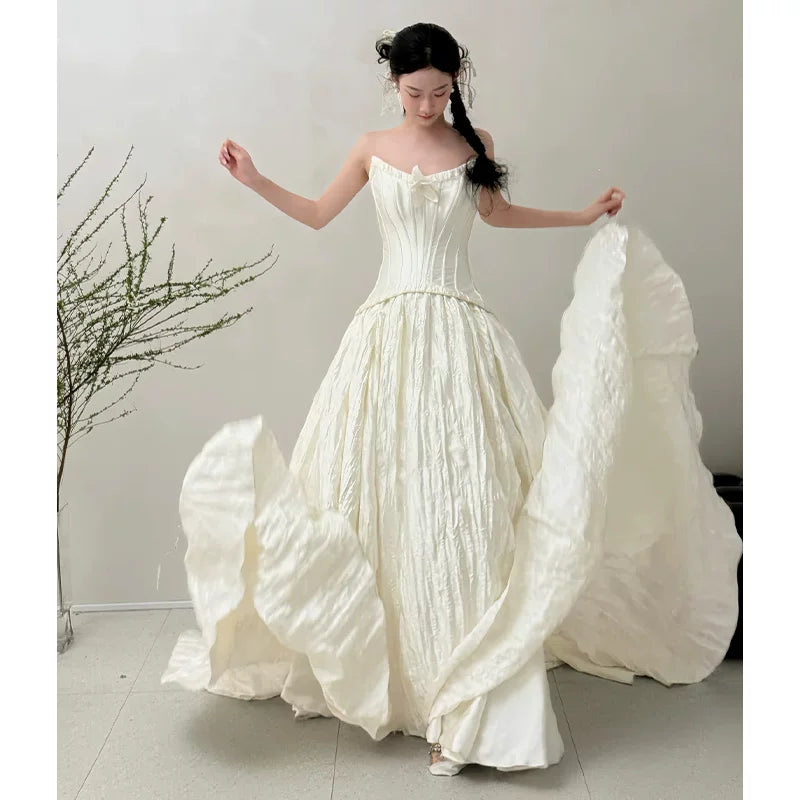 French Style Tube Top Wedding Dress White Long