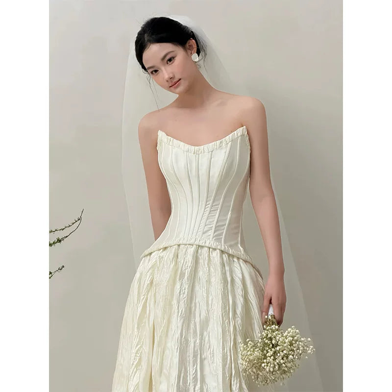 French Style Tube Top Wedding Dress White Long