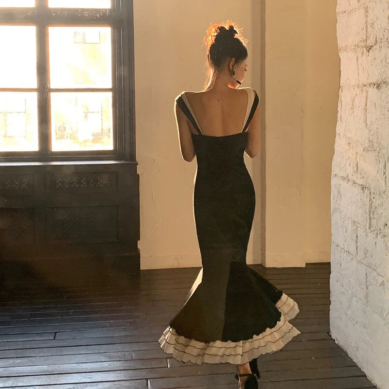 Xiao Li Knitted Fish Tail Dress High Waist Hip-Accented Black