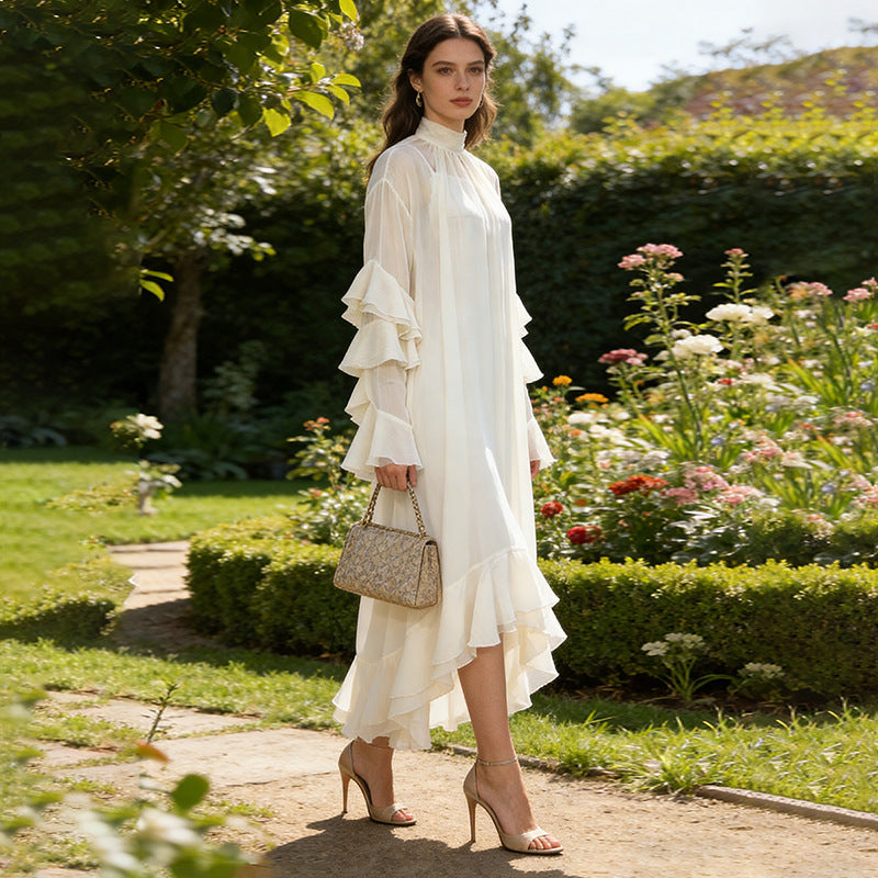 Spring High Neck Ruffled Maxi Dress Bell Sleeve Irregular Asymmetric Neck Loose Slimming Two Piece Dress