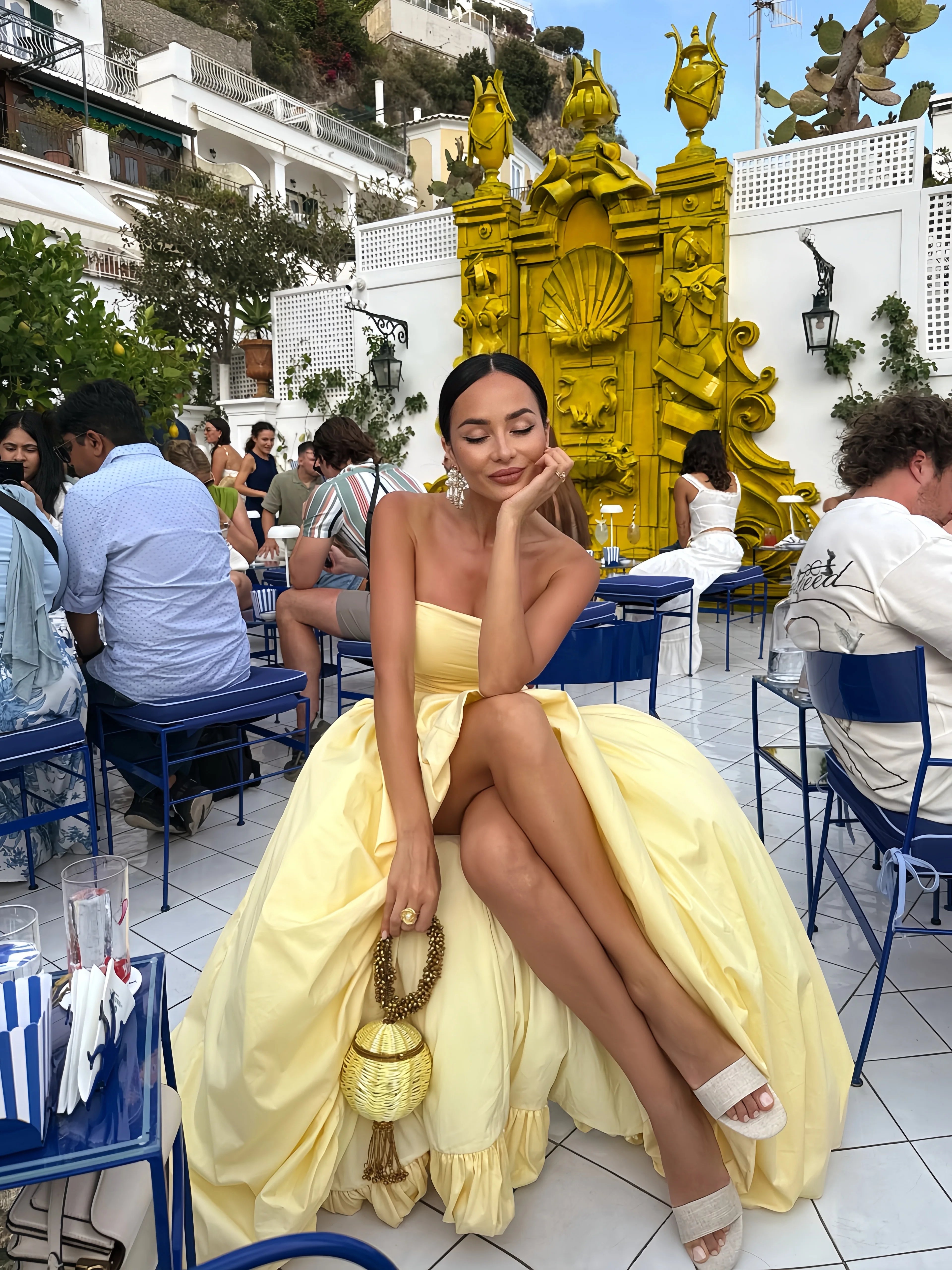 French Style Off-Shoulder Split Midi Dress Ruched Waist Slimming A-Line Skirt Vacation