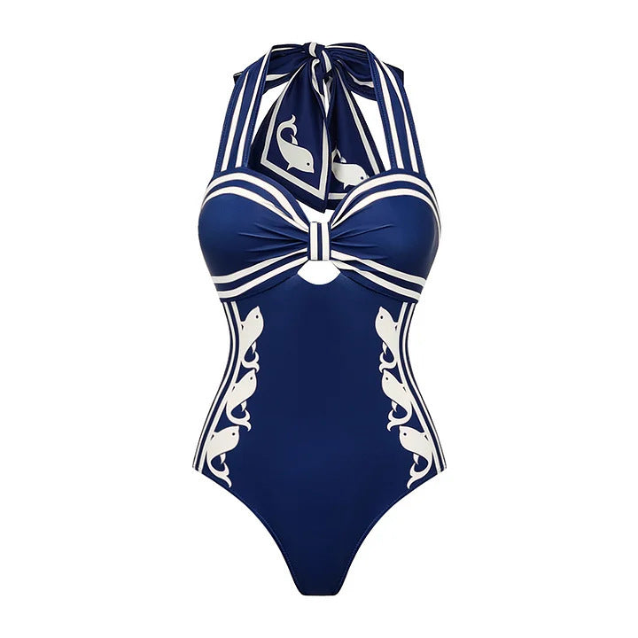Swimsuit Navy Halter One Piece Swimsuit Set Women