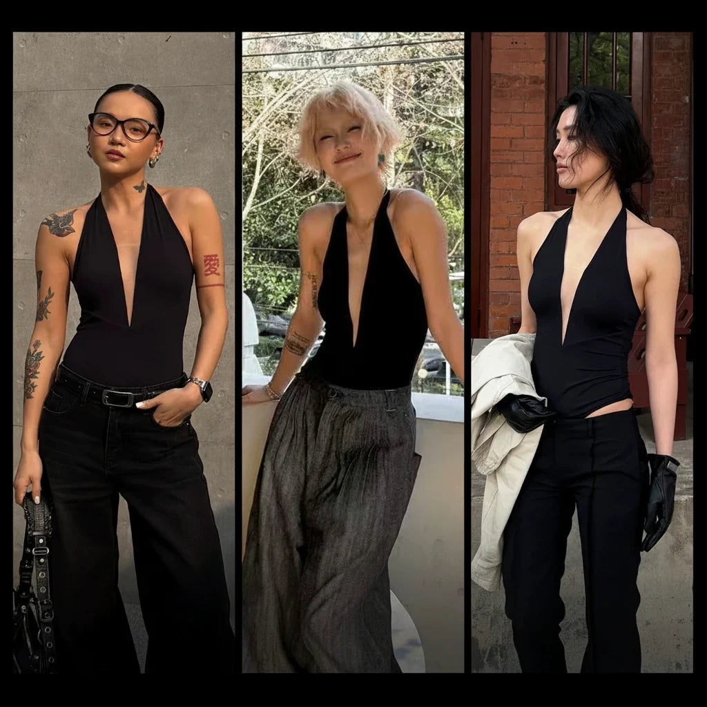 Sexy Fitted Brace Top With Cups Backless V-Neck Bodysuit