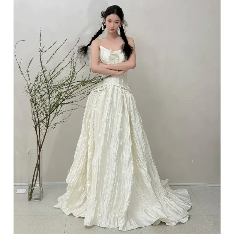 French Style Tube Top Wedding Dress White Long