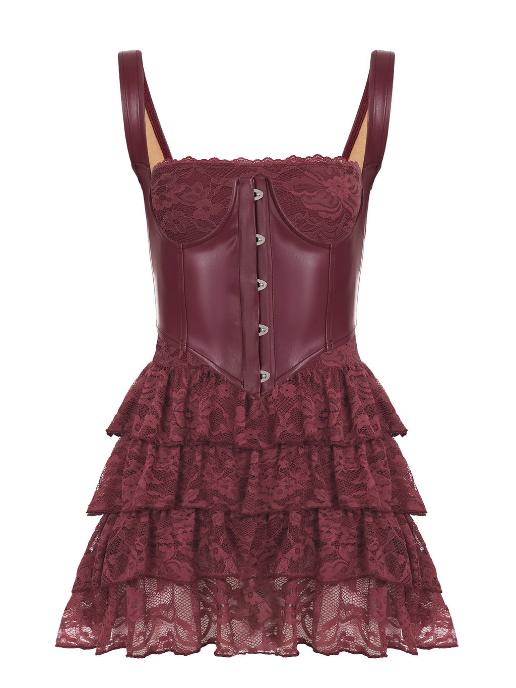 Sexy Leather Bra Strap Lace Stitching Puffy Tiered Dress Summer Set