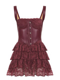 Sexy Leather Bra Strap Lace Stitching Puffy Tiered Dress Summer Set
