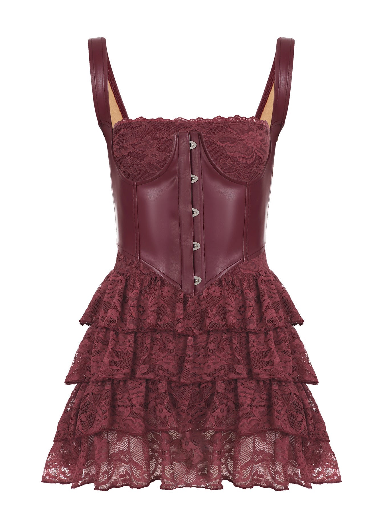 Sexy Leather Bra Strap Lace Stitching Puffy Tiered Dress Summer Set